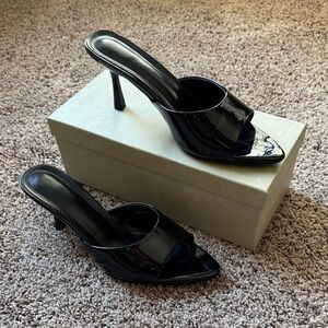 Black Patent Open-Toe Mule Heels - Women's Dress Shoes